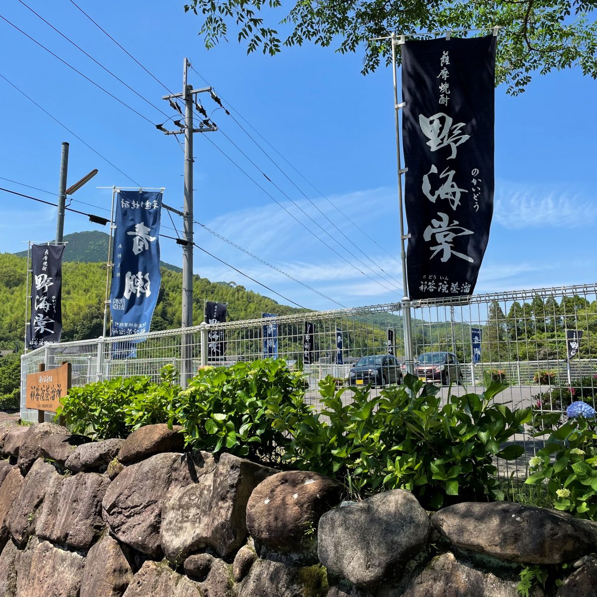 梅雨の晴れ間の青空と野海棠の旗が風にゆれる祁答院蒸溜所